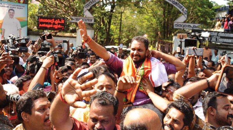 BJP state general secretary K.Surendran gets a rousing welcome from party workers on his release from Poojapura Central Jail  on Saturday. (Photo: A.V.MUZAFAR)