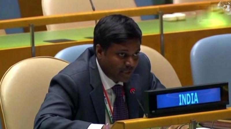 I would like to place on record and reiterate that the state of Jammu and Kashmir is an integral and inalienable part of India. No amount of empty rhetoric from Pakistan will change this reality, First Secretary in Indias Permanent Mission to the UN Sandeep Kumar Bayyapu said. (Photo: Twitter | ANI)
