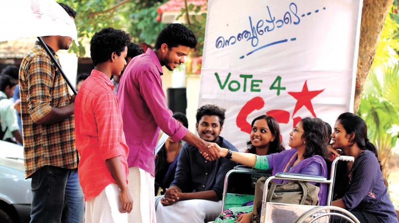 Campaign is at the final phase for the union elections at colleges affiliated to University of Calicut. The elections are scheduled for Thursday. A scene of an election campaign at Malabar Christian College in Kozhikode on Wednesday. 	(Photo:  DC)