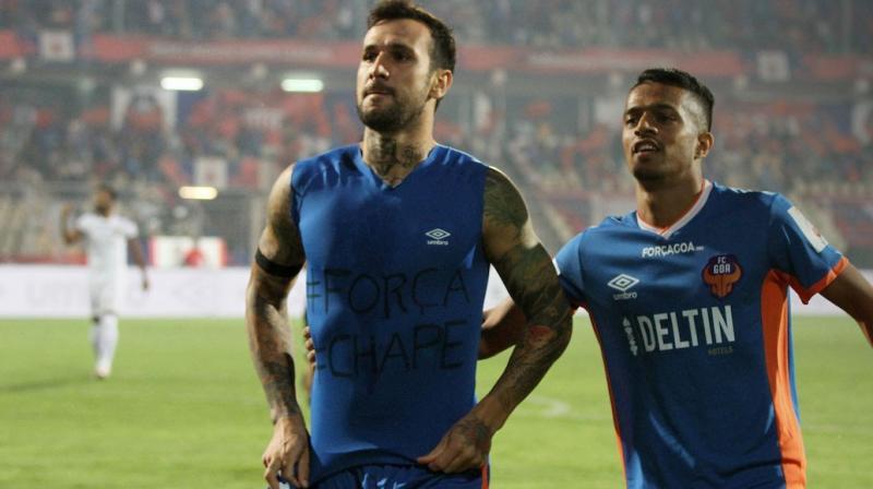 Coelho took off his shirt after scoring to reveal the letter Force Chape. (Photo: ISL)