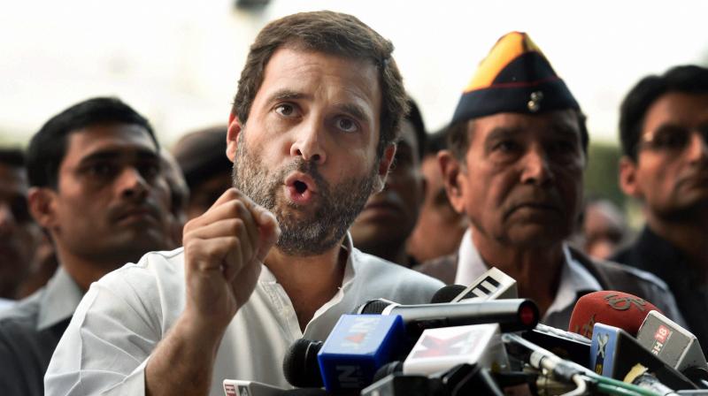 Congress Vice President Rahul Gandhi addressing the media after a meeting with several ex-servicemen at party headquarters in New Delhi. (Photo: PTI)