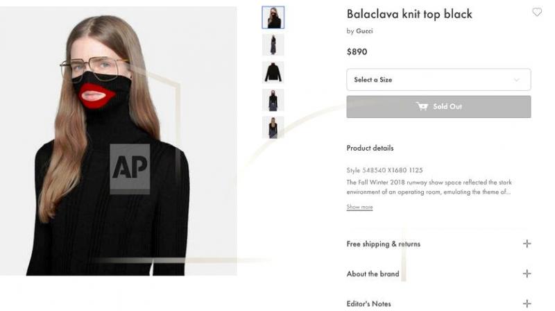 A screenshot taken from an online fashion outlet showing a Gucci turtleneck black wool balaclava sweater for sale, that they had to pull back from their online and physical stores . (Photo: AP)