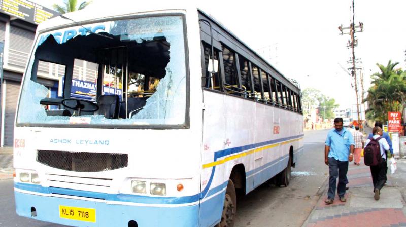 A KSRTC bus that was attacked near the bus station in Kottayam on Tuesday. (Photo: DC)