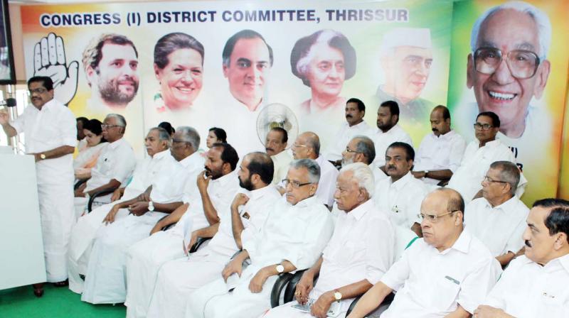 KPCC president V.M. Sudheeran speaks at a party meeting at DCC office in Thrissur on Tuesday. (Photo: DC)