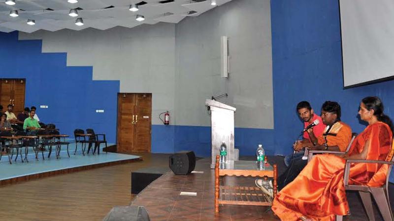 Chinju Ashwathy, a transgender speaks during the Lets talk LGBT programme organised by Government Medical College students union on Tuesday. 	(Photo: DC)