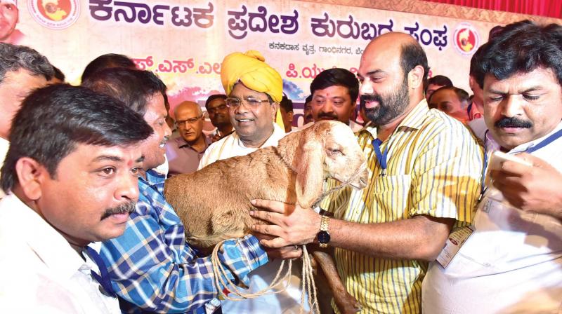 Anjanya, a farmer from Raichur, gifts a goat to CM Siddaramaiah at Prathibha Puraskar and felicitation function organised by Karnataka Pradesh Kurubara Sangha in Bengaluru on Sunday 	(Photo:DC)