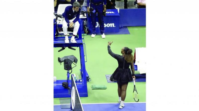 Serena Williams talks with chair umpire Carlos Ramos during the womens final of the US Open tennis tournament in New York on Saturday. (Photo: AP)