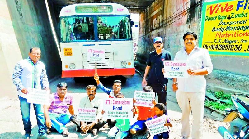 Residents of Malkajgiri protest against poor condition of the road at RK Nagar on Sunday.