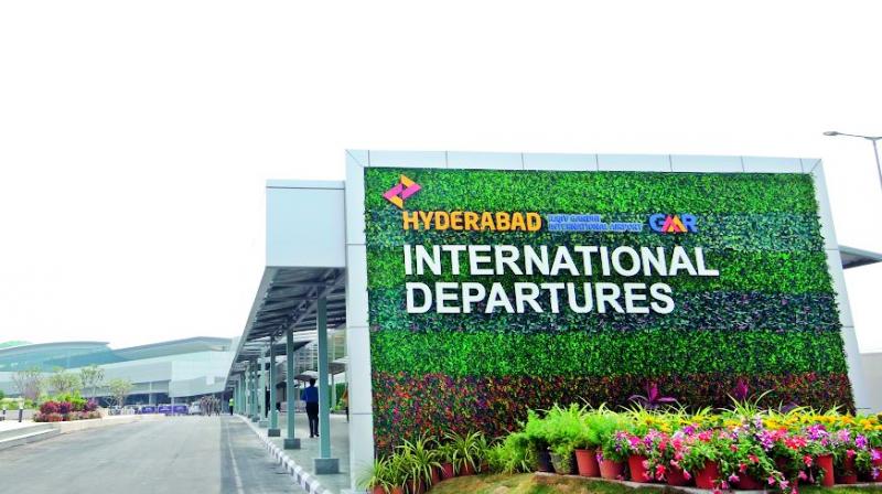 The entrance of the Hyderabad International departures.