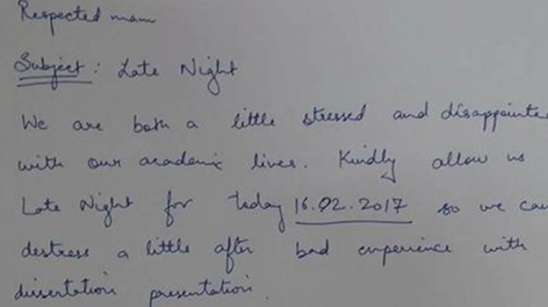 The students, Preeti and Aditi, posted a photo of the hilarious permission letter they wrote to their warden which went viral.(Photo: Facebook)