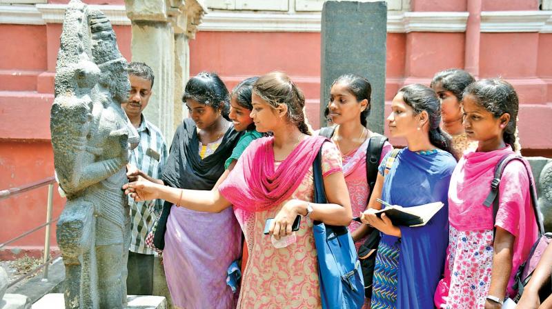 College students participate in a museum walk organised by the Egmore museum on Thursday. (Photo: DC)