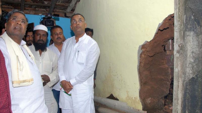 Former CM Siddaramaiah and KPPC chief Dinesh Gundurao look at a ruined building in Kodagu; (Top right) Siddaramaiah at a relief camp.(Image Dc)