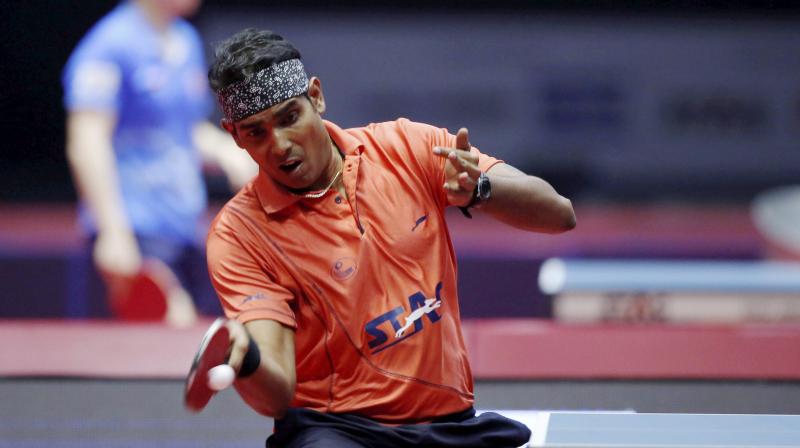 Sharath Kamal in action at the India Open in New Delhi. (Photo: PTI)