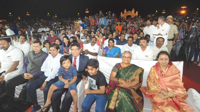 Chairperson of Infosys Foundation Sudha Murty watches a police band performance in Mysuru on Sunday (Photo:KPN)