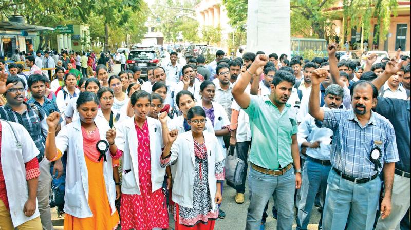 Nurses from across the state protest at the Directorate of Medical and Rural Health Services, demanding transparency in transfer counselling, on Thursday. (Photo: DC)