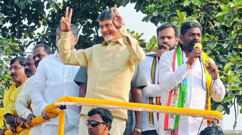 Andhra Pradesh Chief Minister N. Chandrababu Naidu campaigns along with the contesting candidate Ganesh Gupta at Rajendranagar constituency on Saturday.  (DC)