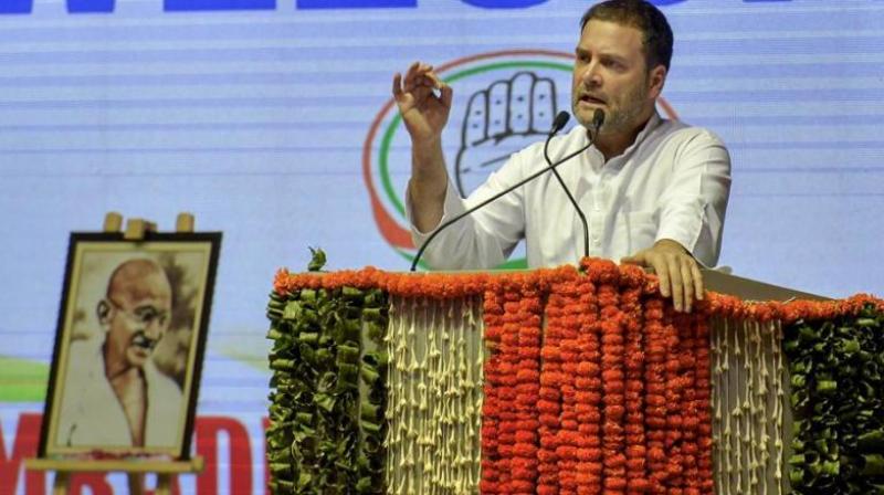Congress president Rahul Gandhi addresses the national convention of Other Backward Classes (OBC) department of AICC, at Talkatora Stadium in New Delhi on Monday. (Photo: PTI)