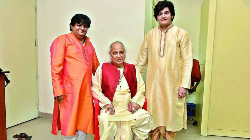 Runs in the family: Pandit Jasraj with his son Rattan Mohan Sharma (left) and grandson Swar Sharma (right). (Photo: DC)