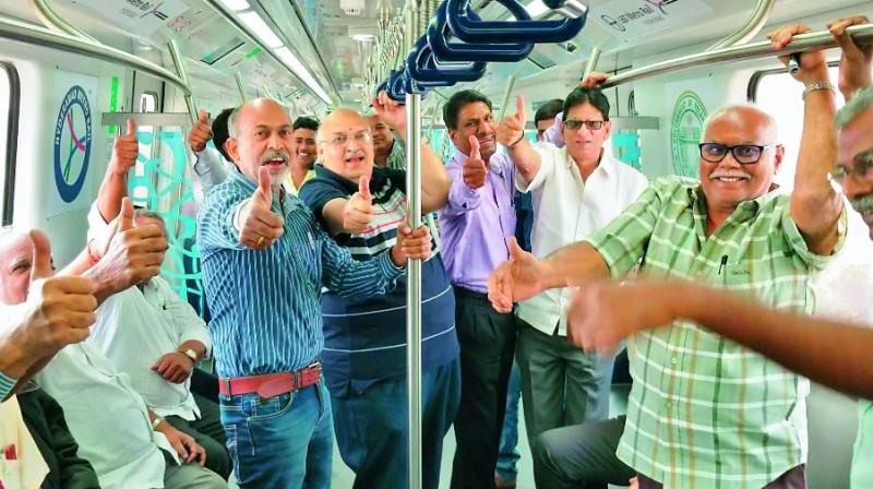 Senior citizens and members of the Miyapur Walks Association on the Metro. (Photo: DC)