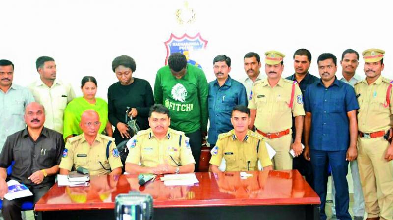 Rachakonda police presents the Nigerians caught for peddling drugs before the media on Sunday.