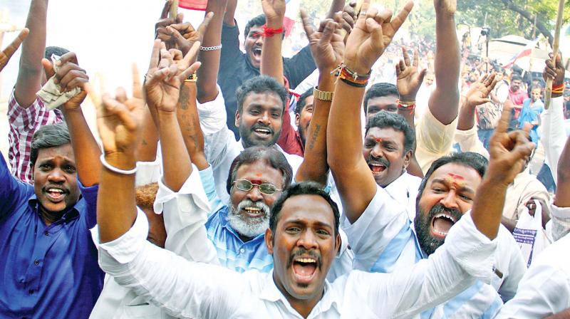 Fans celebrate his political entry in Chennai on Sunday. (Photo: DC)