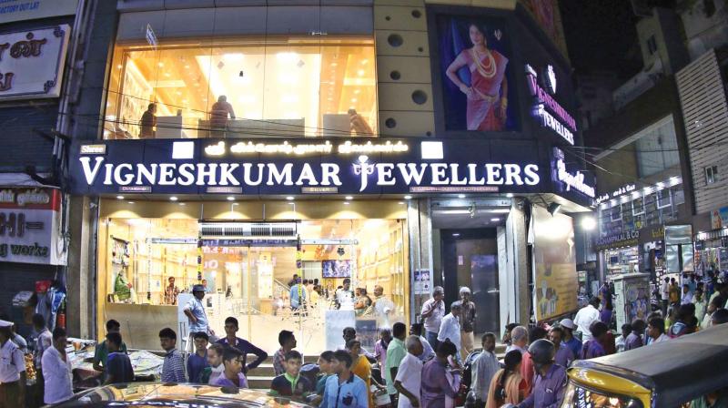 Officials of Central excise Intelligence wing, Chennai unit, conduct a surprise check in major jewellery shops on NSC Bose Road. (Photo: DC)
