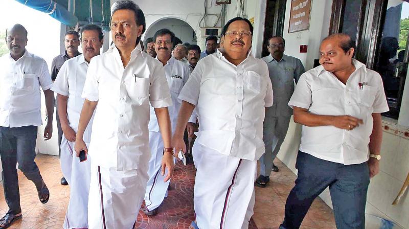 Leader of Opposition M.K. Stalin arrives after meeting finance minister O. Panneerselvam at the secretariat on Friday. Senior DMK leader K. Duraimurugan also seen. (Phoot: DC)