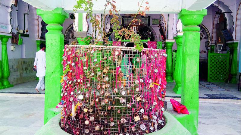 There appear to be more red threads than locks at a tree guard, above, on the premises of the Moula Ali Shrine on Saturday. (Photo: Deccan chronicle)