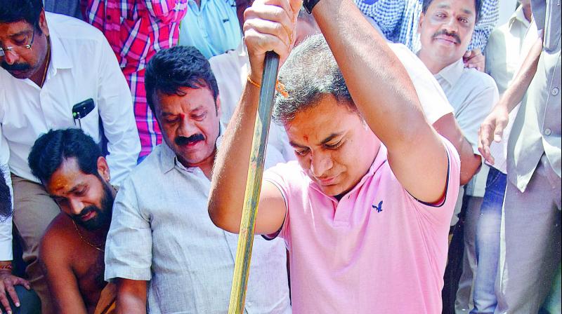 Minister K. T. Rama Rao does the bhoomi puja for the construction of 168 double bed room flats at GYR compound  Bansilalpet on Saturday.