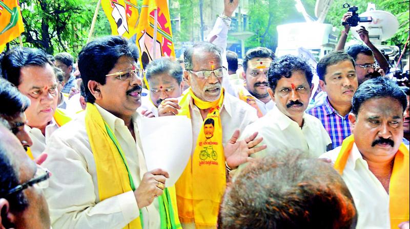 Telangana TD activists protest in front of Hyderabad district collectorate on Friday,  demanding withdrawal of the non-bailable warrant issued on AP Chief Minister  N. Chandrababu Naidu and a few other leaders in Babli.