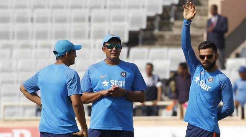 Virat Kohli, however, was seen joining his teammates at the warm-up before the start of play and had a long discussion with coach Anil Kumble and selector Devang Gandhi. (Photo: BCCI)