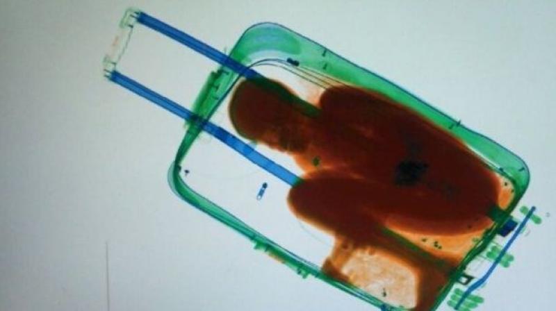 On May 7, 2015, Spanish police noticed a young Moroccan woman dragging what looked like a heavy suitcase across the border with Ceuta.  When they put the suitcase through an X-ray machine they were shocked to see the silhouette of a child curled up in foetal position. (Photo: AFP)