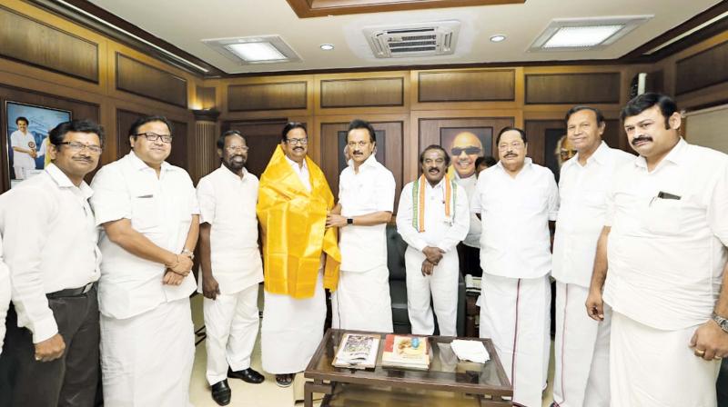DMK Party President M K Stalin felicitated newly appointed Tamil Nadu State Congress party President KS Alagiri at Anna Arivalayam. (Image DC)