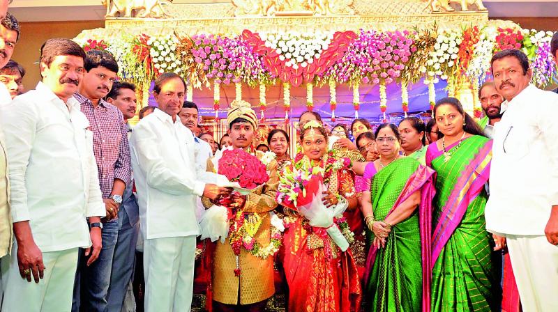 Telangana Chief Minister K Chandrashekhar Rao with his family has attended his driver Garimella Balaiahs daughters wedding on the outskirts of Hyderabad. (Photo: DC)