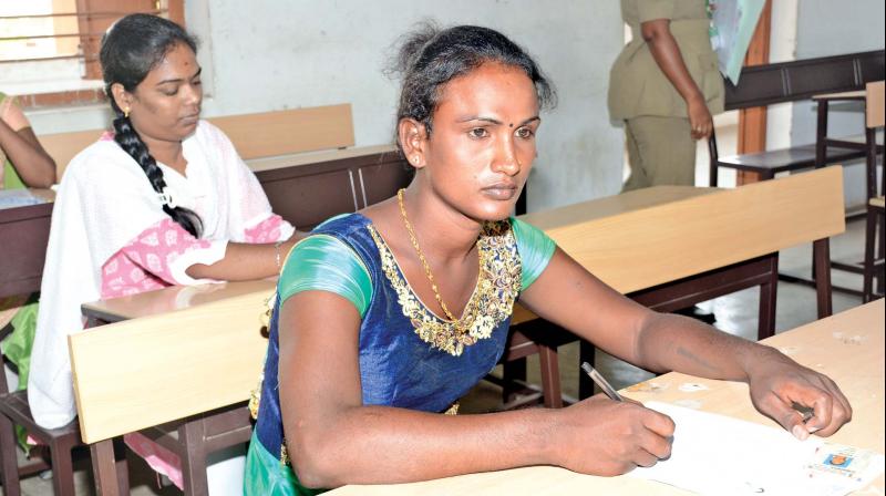 Transgender M. Durgasri writes USRB examinations at Meenakshi college in Chennai. (Photo: DC)