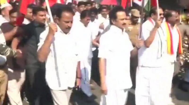 DMK holds protests against the hike in bus fare in Tamil Nadu. (Photo: ANI)