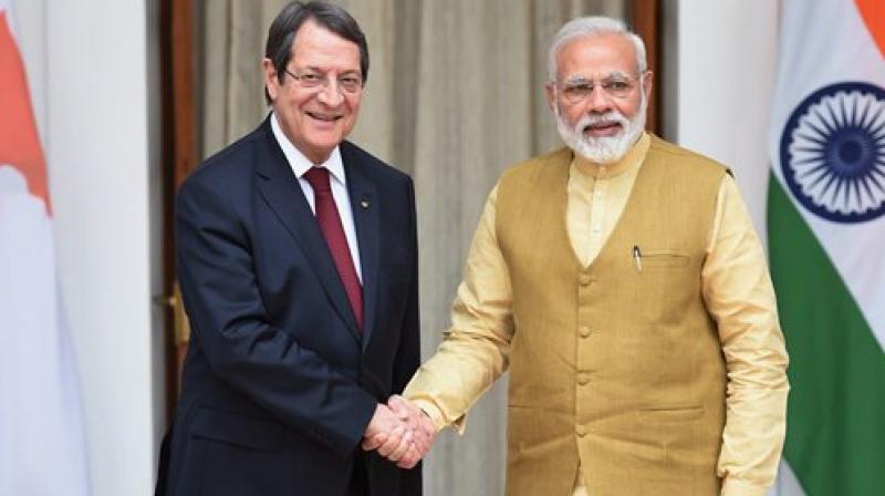 Prime Minister Narendra Modi with Cyprus President Nicos Anastasiades at Hyderabad house in New Delhi
