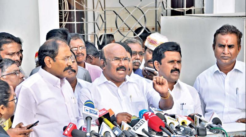 Fisheries minister D. Jayakumar along with senior ministers on Wednesday address the media at Secretariat. (Photo: DC)