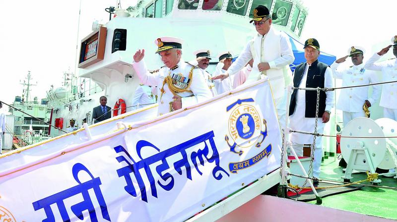 Latest Inshore Patrol Vessel of Indian Coast Guard Rani Gaidinliu commissioned by Director General of Indian Coast Guard Rajendra Singh in Vizag on Wednesday. (Photo: DC)