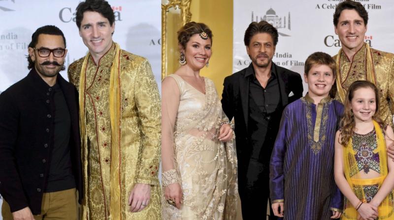 Aamir and Shah Rukh Khan with Canadian PM Justin Trudeau and family. (Photo: AP/ PTI)