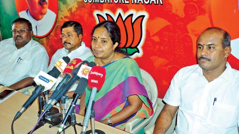 Ahead of Amit Shah visit to Coimbatore, Vanathi Srinivasan, vice president of state BJP, addresses the media. (Photo: DC)