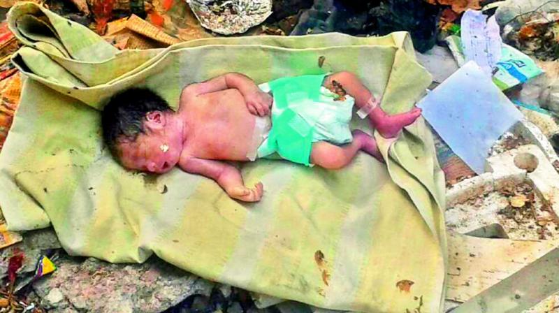 The body of the newborn girl which was found in a garbage bin in Vikarabad district on Friday. (Photo: DC)