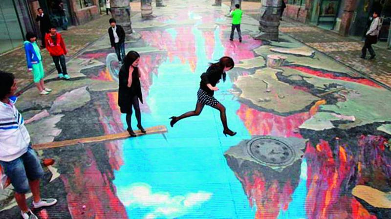 Known as a democratic form of art, 3D painting can be seen on buildings, street signs, sidewalks.