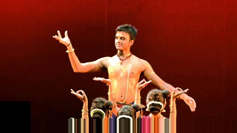 Acclaimed Bharatanatyam performer Parshwanath Upadhye on stage.