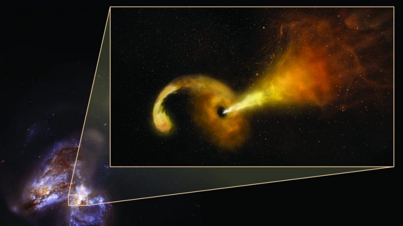 The scientists tracked the event with radio and infrared telescopes, including the National Science Foundations Very Long Baseline Array (VLBA), in a pair of colliding galaxies called Arp 299. (Photo Credit: Sophia Dagnello, NRAO/AUI/NSF; NASA, STScI)
