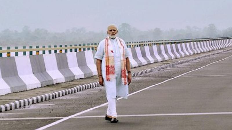 Prime Minister Narendra Modi at the newly inaugurated Dhola-Sadia bridge, the countrys longest river bridge, in Assam on Friday. (Photo: AP)