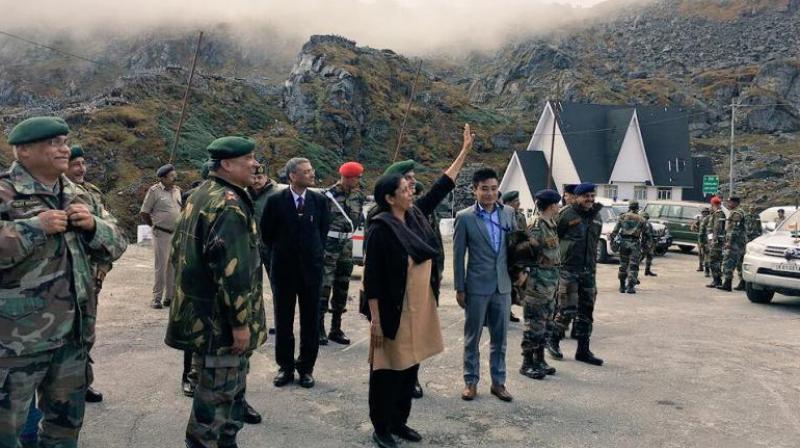 Sitharaman was on a visit to the Sikkim state to meet the Indo-Tibetan Border Police (ITBP) officials at Nathu-La, where she interacted with the Vice Chief of Army Staff and other senior Army official. (Photo: Twitter/@DefenceMinIndia)