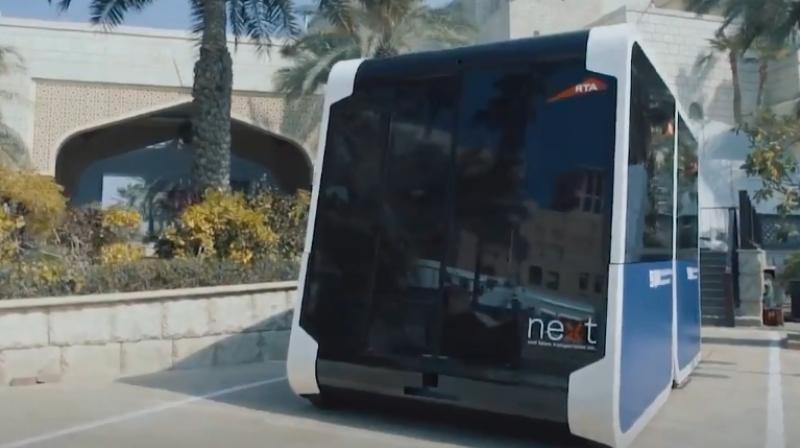 Officials from Dubais Roads and Transport Authority (RTA) displayed two cube-shaped vehicles built by US-based Next Future Transportation company in Italy as they spun around on a main street in Dubai.