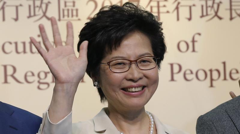 Carrie Lam  Former Hong Kong Chief Secretary Carrie Lam celebrates after winning the chief executive election of Hong Kong in Hong Kong. (Photo: PTI)