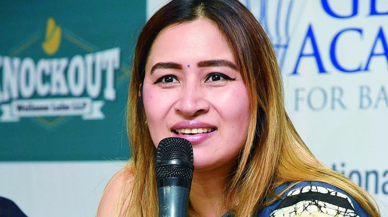 Jwala Gutta interacting  with the media during the launch of badminton academy in Hyderabad on Saturday (Photo: DC)